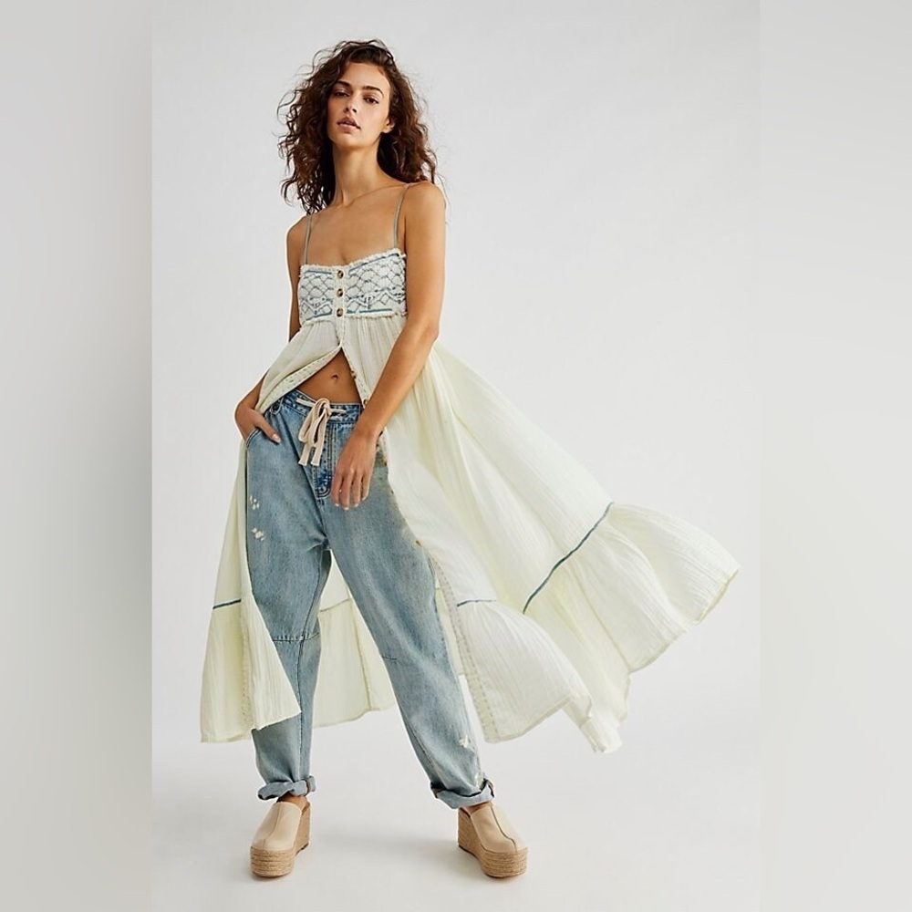 Free People Cream Blue Embroidered Maxi Dress sz XS
